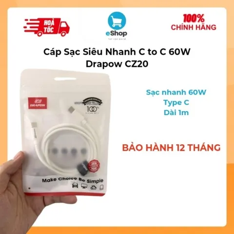 Cáp Sạc Nhanh C to C 60W Chính Hãng Drapow CZ20 - Hỗ trợ mọi thiết bị có cổng sạc Type-C