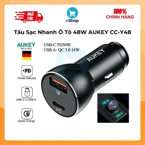 Tẩu Sạc Nhanh Ô Tô 48W AUKEY CC-Y48, 2 Cổng Type C PD và USB QC3.0 Siêu Nhỏ Gọn, Vỏ Kim Loại