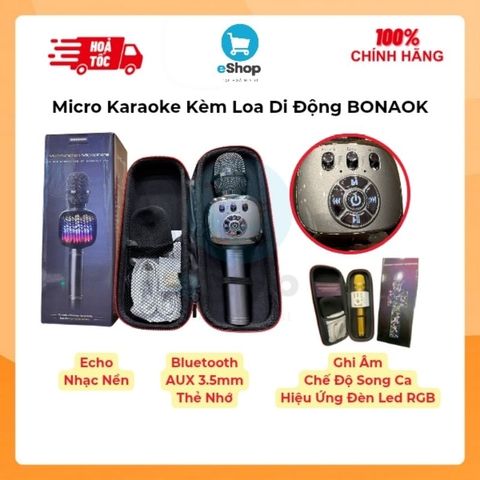 Micro Karaoke Kèm Loa Di Động BONAOK - Hiệu Ứng Đèn Led RGB, Chế Độ Echo, Song Ca, Ghi Âm