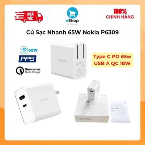 Bộ sạc nhanh 65w hãng NOKIA P6308 2 cổng C + 1 cổng A/ P6309 1C + 1A Hỗ Trợ PD, PPS