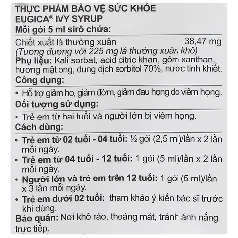 Eugica Ivy Syrup hỗ trợ giảm ho, giảm đờm hộp 20 gói x 5ml