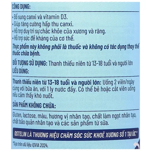 Thực phẩm bảo vệ sức khỏe Ostelin Calcium & Vitamin D3 lọ 30 viên