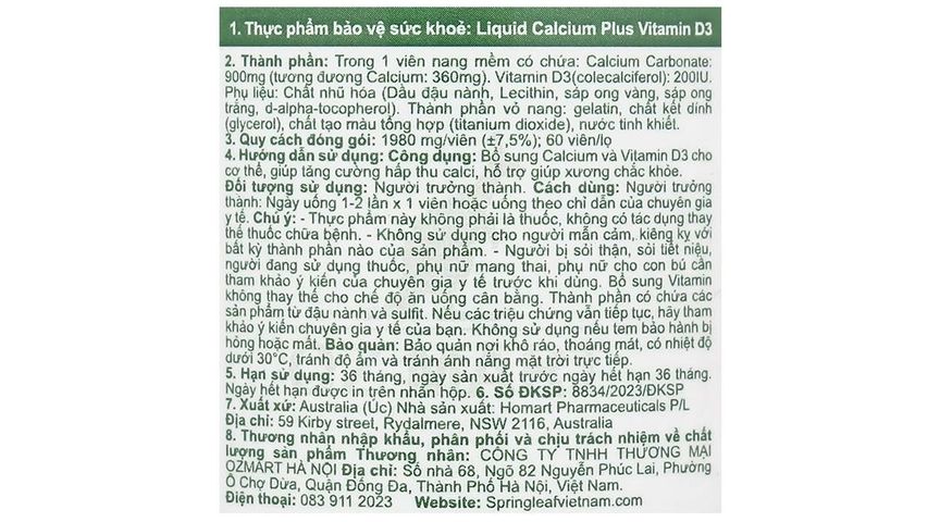 Canxi Spring Leaf Liquid Calcium Plus Vitamin D3 lọ 60 viên