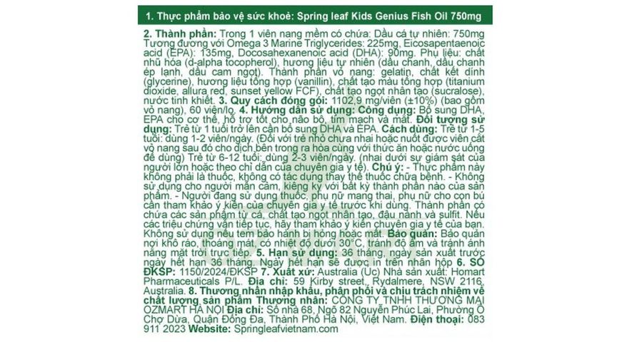 Springleaf Kids Genius Fish Oil 750mg hỗ trợ bổ sung DHA, EPA lọ 60 viên