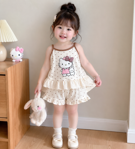 Set bộ hai dây chấm bi hello kitty ren bèo xinh xắn dễ thương mát mẻ mùa hè cho bé gái