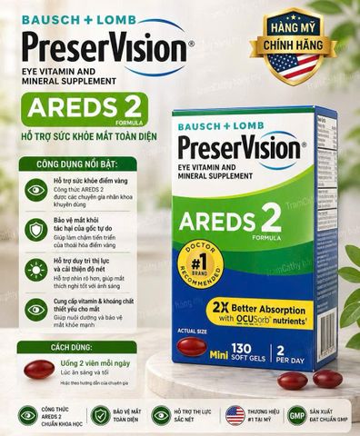 120 viên/ 130 viên PreserVision AREDS 2 Formula - Hỗ Trợ Điểm Vàng, Bảo Vệ Võng Mạc Và Duy Trì Thị Lực Sắc Nét