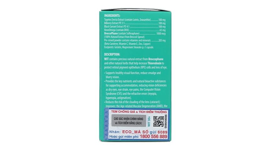 Wit hỗ trợ bảo vệ mắt, tăng cường thị lực lọ 30 viên