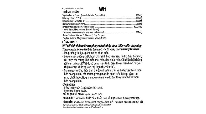 Wit hỗ trợ bảo vệ mắt, tăng cường thị lực lọ 30 viên