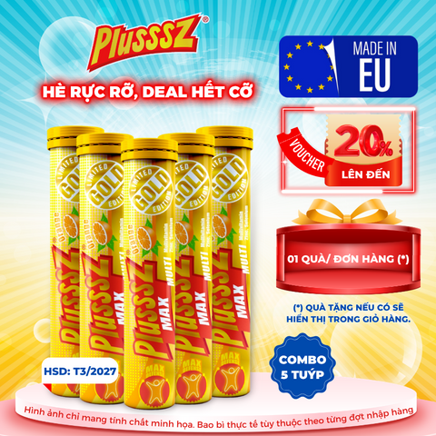 [COMBO 5 TUÝP x 20 VIÊN] Viên Sủi Vitamin Tổng Hợp  PLUSSSZ MAX MULTIVITAMIN VỊ CAM Không Đường