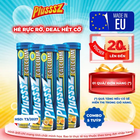 Viên Sủi Canxi Hữu Cơ PLUSSSZ 20 Viên - Hương Đào & Chanh Leo - Hỗ Trợ Giảm Loãng Xương, Dinh Dưỡng Bổ Sung Sức Khỏe Xương