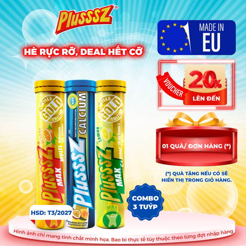 Combo 3 Tuýp Viên Sủi PLUSSSZ MAX Multivitamin Vị Cam, Vitamin C & Kẽm, Calcium Hỗ Trợ Đề Kháng, Dinh Dưỡng Tăng Cường Sức Khỏe