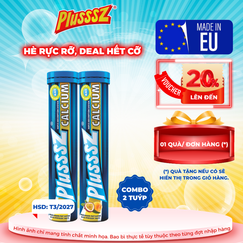 [COMBO 2 TUÝP X 20 VIÊN] PLUSSSZ CALCIUM vị đào, chanh leo không đường - Hàng nhập khẩu