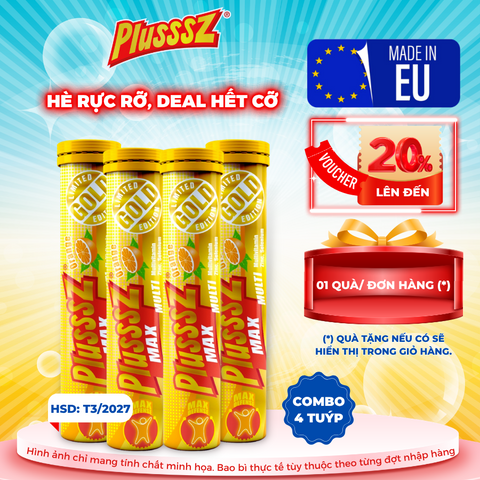 Viên sủi Plusssz Max Multivitamin vị cam không đường - Tăng sức đề kháng, hỗ trợ sức khỏe, phù hợp cho mọi lứa tuổi từ 9 tuổi trở lên.