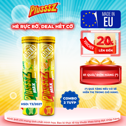 Viên Sủi PLUSSSZ MAX Multivitamin hương vị Cam và Vitamin C & Kẽm vị Chanh - Tăng cường sức đề kháng, dễ hòa tan 20 viên mỗi tuýp