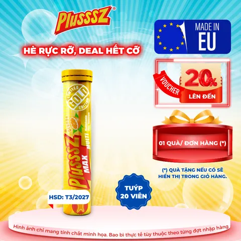 Viên sủi Plusssz Max Multivitamin vị cam không đường - Tăng sức đề kháng, phù hợp cho mọi lứa tuổi từ 9 tuổi trở lên, hàng nhập khẩu Châu Âu