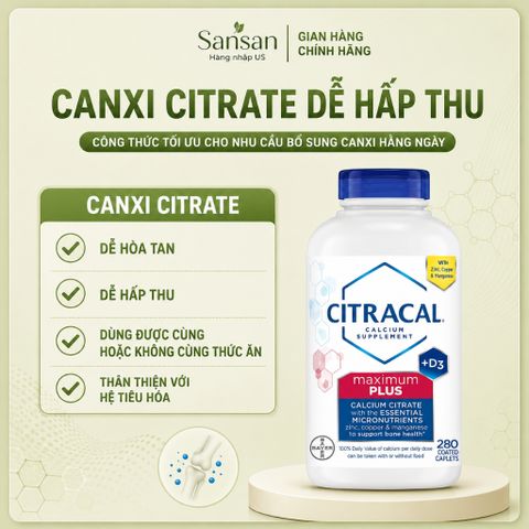 Citracal Maximum Plus 280 Viên | Canxi Citrate 650mg Vitamin D3 1000IU Hỗ Trợ Xương Khớp Chắc Khỏe