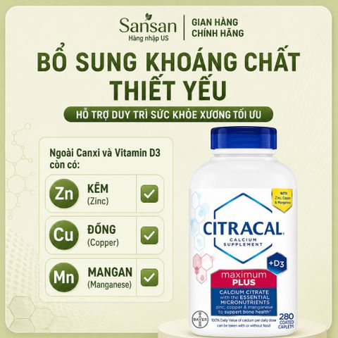 Citracal Maximum Plus 280 Viên | Canxi Citrate 650mg Vitamin D3 1000IU Hỗ Trợ Xương Khớp Chắc Khỏe