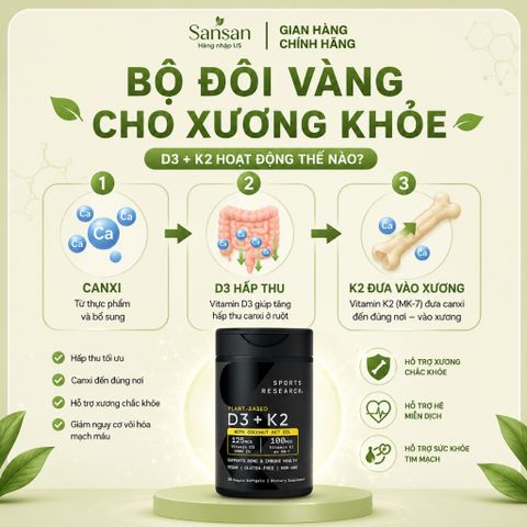 Sports Research Vegan Vitamin D3 + K2 Thuần Chay Hỗ Trợ Xương Răng Hấp Thu Canxi