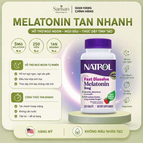 TPBVSK Natrol Melatonin 5mg 250 Viên Tan Nhanh Hỗ Trợ Ngủ Ngon, Thư Giãn, Hương Dâu Tây - Nội địa Mỹ