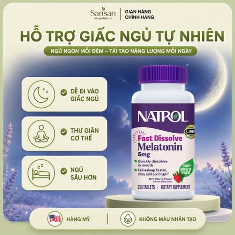 TPBVSK Natrol Melatonin 5mg 250 Viên Tan Nhanh Hỗ Trợ Ngủ Ngon, Thư Giãn, Hương Dâu Tây - Nội địa Mỹ