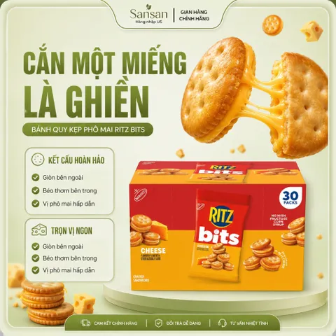 Bánh Quy Kẹp Phô Mai RITZ Bits Cheese Sandwich Crackers Hộp 30 Gói Mini Snack - Nội địa Mỹ