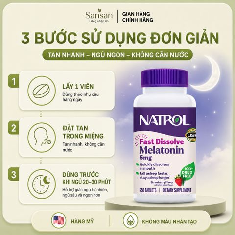 TPBVSK Natrol Melatonin 5mg 250 Viên Tan Nhanh Hỗ Trợ Ngủ Ngon, Thư Giãn, Hương Dâu Tây - Nội địa Mỹ