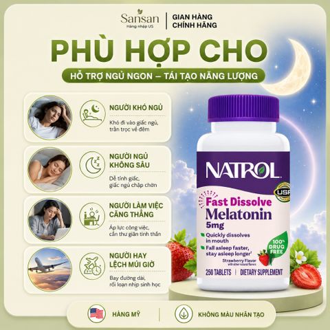 TPBVSK Natrol Melatonin 5mg 250 Viên Tan Nhanh Hỗ Trợ Ngủ Ngon, Thư Giãn, Hương Dâu Tây - Nội địa Mỹ