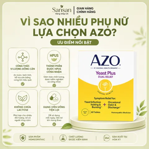 TPBVSK AZO Yeast Plus 60 Viên - Nội địa Mỹ