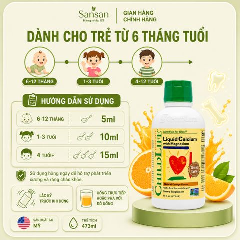 TPBVSK ChildLife Canxi Nước Cho Bé Liquid Calcium & Bone Health D3 K2 Magie Hỗ Trợ Xương Răng Chiều Cao 473ml