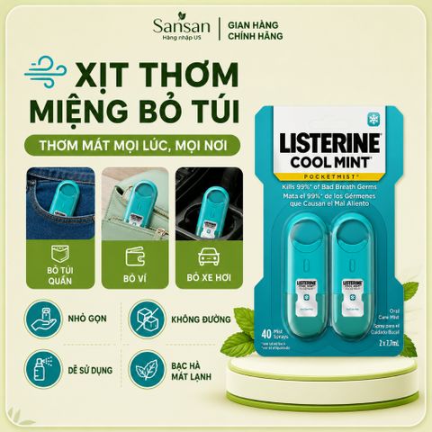 Listerine Cool Mint Chính Hãng Mỹ | Nước Súc Miệng 1L | Xịt Thơm Miệng PocketMist 2x7.7ml | Miếng Dán PocketPaks 72 Miến