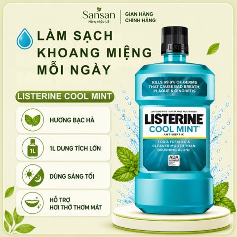 Listerine Cool Mint Chính Hãng Mỹ | Nước Súc Miệng 1L | Xịt Thơm Miệng PocketMist 2x7.7ml | Miếng Dán PocketPaks 72 Miến