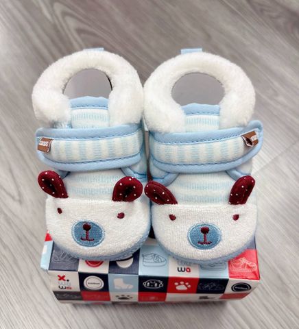 Giày dép tập đi gấu kẻ phối lông cừu ấm áp dày dặn mùa đông cho bé gái