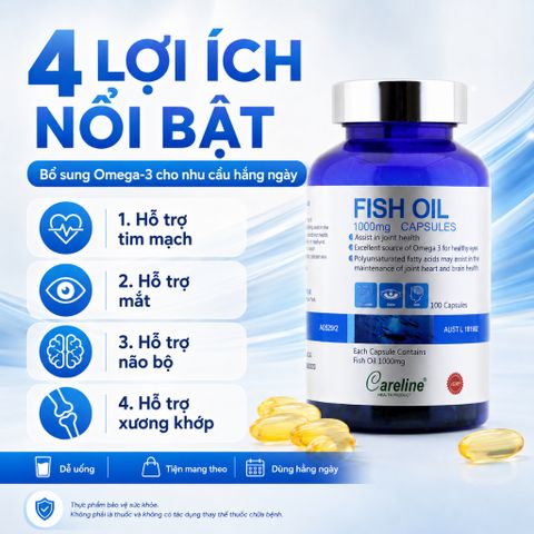 Careline Fish Oil 1000mg 100 Viên Dầu Cá Omega 3 Hỗ Trợ Tim Mạch Não Bộ Mắt Hàng Úc Chính Hãng