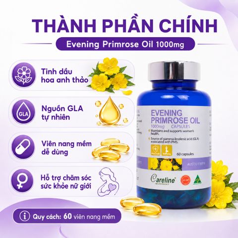 Tinh Dầu Hoa Anh Thảo Careline Evening Primrose Oil 1000mg 60 Viên Hỗ Trợ Sức Khỏe Nữ