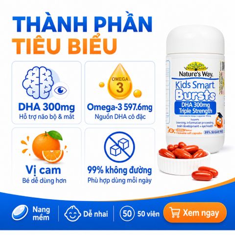 Nature's Way Kids Smart Bursts DHA 300mg Triple Strength 50 Viên Hỗ Trợ Bổ Sung DHA Cho Bé