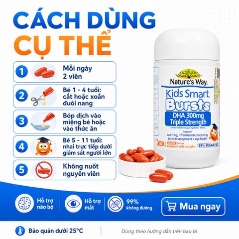 Nature's Way Kids Smart Bursts DHA 300mg Triple Strength 50 Viên Hỗ Trợ Bổ Sung DHA Cho Bé