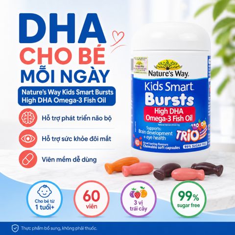 Nature's Way Kids Smart Bursts High DHA Omega 3 Fish Oil Trio 60 Viên Hỗ Trợ Bổ Sung DHA Cho Bé