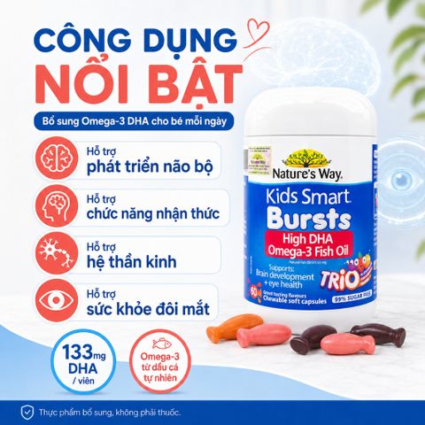 Nature's Way Kids Smart Bursts High DHA Omega 3 Fish Oil Trio 60 Viên Hỗ Trợ Bổ Sung DHA Cho Bé