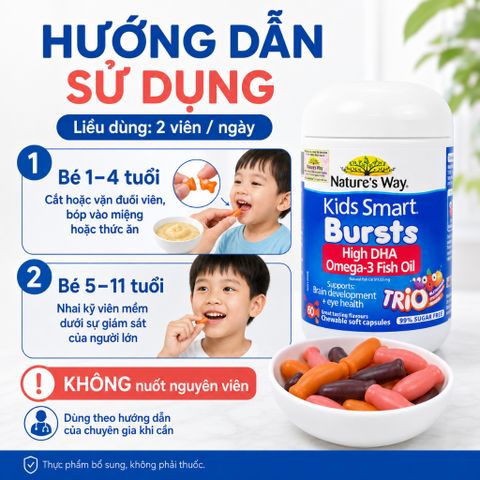 Nature's Way Kids Smart Bursts High DHA Omega 3 Fish Oil Trio 60 Viên Hỗ Trợ Bổ Sung DHA Cho Bé