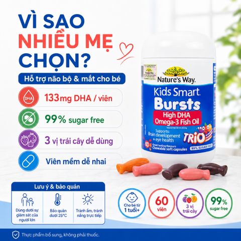 Nature's Way Kids Smart Bursts High DHA Omega 3 Fish Oil Trio 60 Viên Hỗ Trợ Bổ Sung DHA Cho Bé