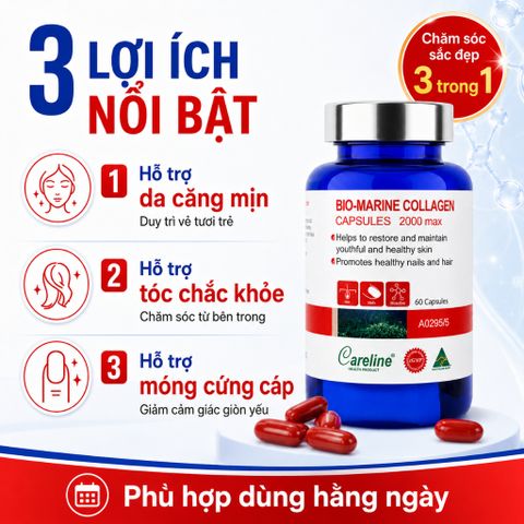 Careline Bio Marine Collagen 2000 Max 60 Viên Hỗ Trợ Da Căng Mịn Tóc Chắc Khỏe Móng Cứng Cáp