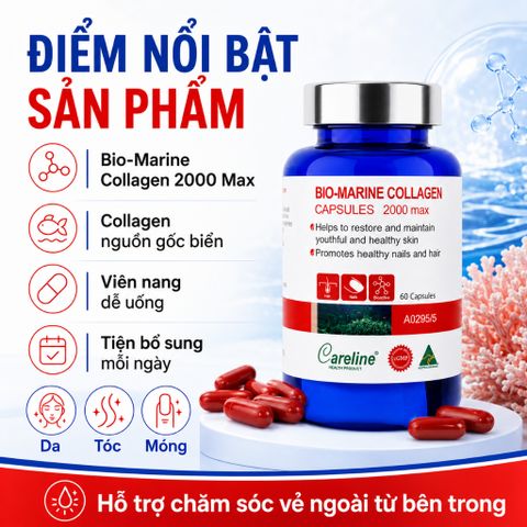 Careline Bio Marine Collagen 2000 Max 60 Viên Hỗ Trợ Da Căng Mịn Tóc Chắc Khỏe Móng Cứng Cáp