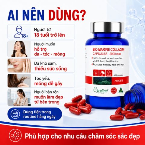 Careline Bio Marine Collagen 2000 Max 60 Viên Hỗ Trợ Da Căng Mịn Tóc Chắc Khỏe Móng Cứng Cáp