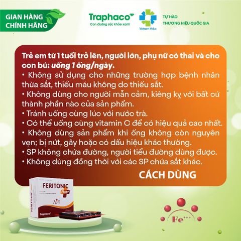 [ Ống Nhựa] [Feritonic Plus+] [Traphaco] bổ sung Sắt, Giảm Nguy Cơ Thiếu Máu hộp 4 Vỉ x 5 Ống x 10ml