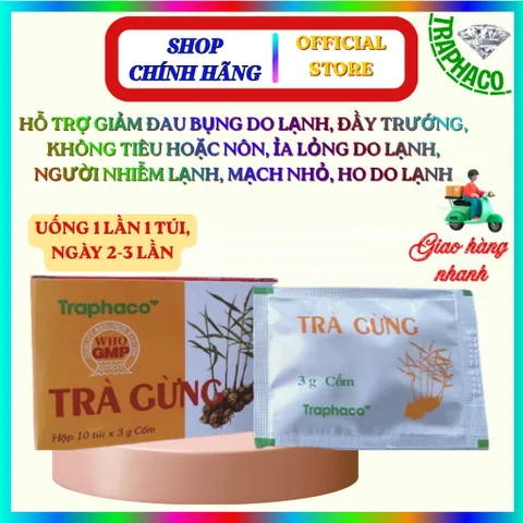Trà Gừng Traphaco thơm dịu hỗ trợ giảm đau bụng do lạnh, đầy trướng không tiêu (Hộp 10 gói x 3g cốm)