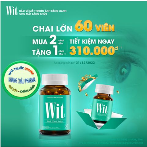 Combo 2 Hộp Wit 60 Viên tặng 1 Hộp 15V giúp bảo vệ mắt trước ánh sáng xanh, giúp cho mắt sáng khoẻ