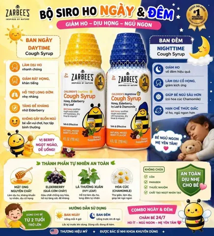 set 3 chai Siro giảm ho cho trẻ 2-12 tuổi Zarbee’s Cough Syrup 2 Daytime +1 Nighttime 118ml x3