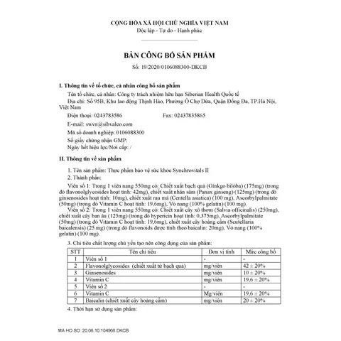 Syn 2 Siberian thực phẩm bảo vệ sức khỏe Synchrovitals II – 60 viên/lọ