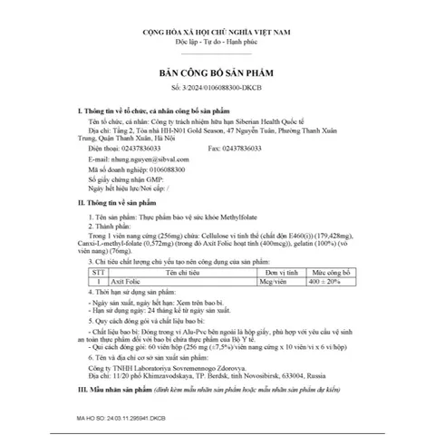 Methylfolate Siberian thực phẩm bảo vệ sức khỏe Methylfolate - 60 viên/lọ