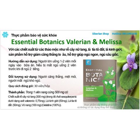 Hỗ trợ điều trị mất ngủ Essential Botanics Valerian & Melissa - SIBERIAN WELLNESS